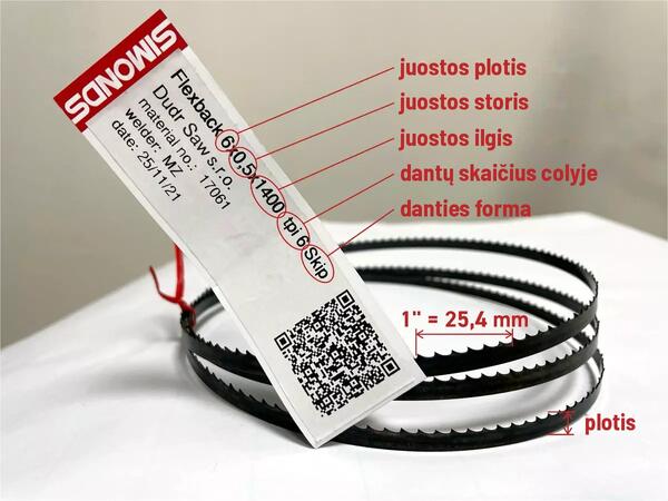 Simonds juostinio pjūklo juostos etiketė: plotis × storis × ilgis (6 × 0,5 × 1400 mm), dantų skaičius colyje ir danties forma (6 Skip), šalia – QR kodas pakartotiniam užsakymui.